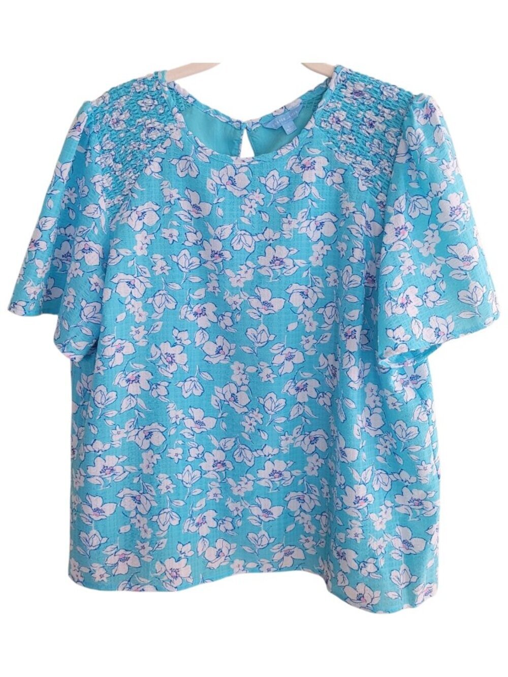 Draper James Aqua Floral Flutter Sleeve Blouse Size L Smocked Crinkle Top Summer - Picture 4 of 11